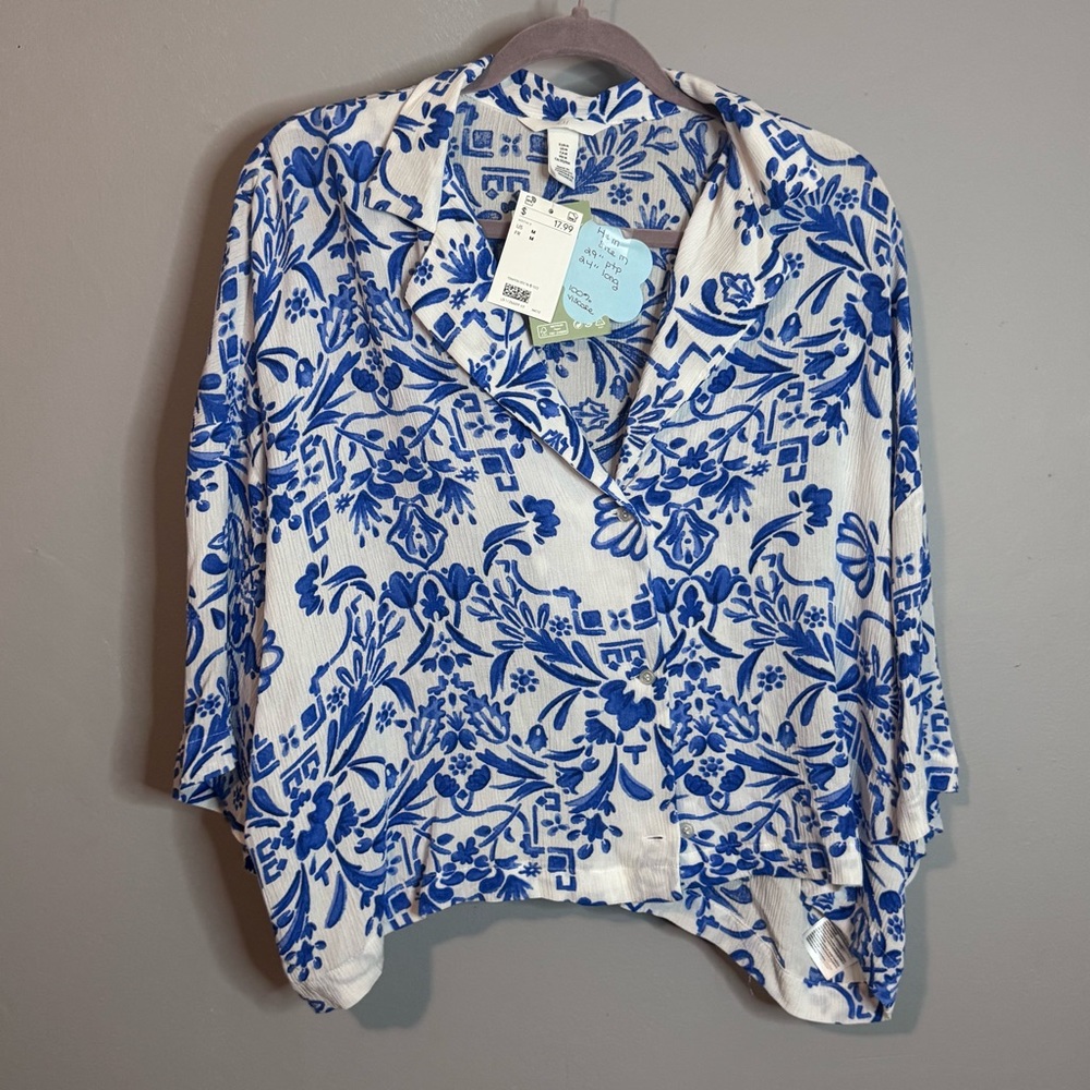 H&M White Blouse with Blue Floral Design